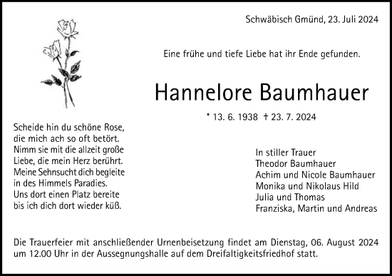 Traueranzeige von Hannelore Baumhauer von Gmünder Tagespost