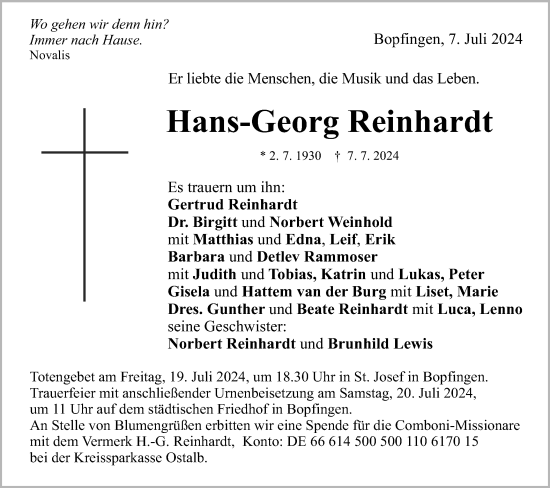 Traueranzeige von Hans-Georg Reinhardt von Schwäbische Post