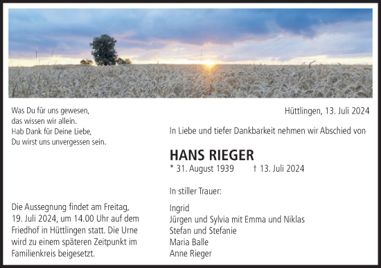 Traueranzeige von Hans Rieger von Schwäbische Post