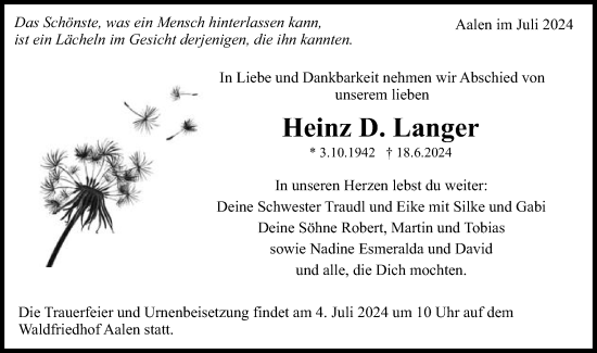 Traueranzeige von Heinz D. Langer von Schwäbische Post