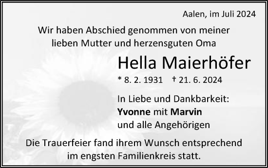 Traueranzeige von Hella Maierhöfer von Schwäbische Post