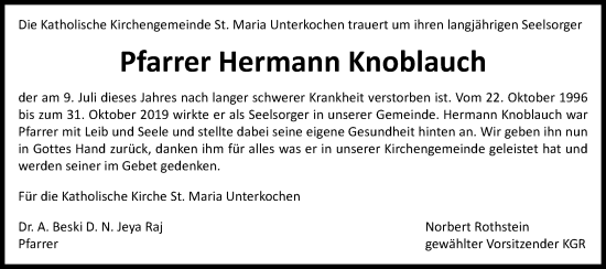 Traueranzeige von Hermann Knoblauch von Schwäbische Post
