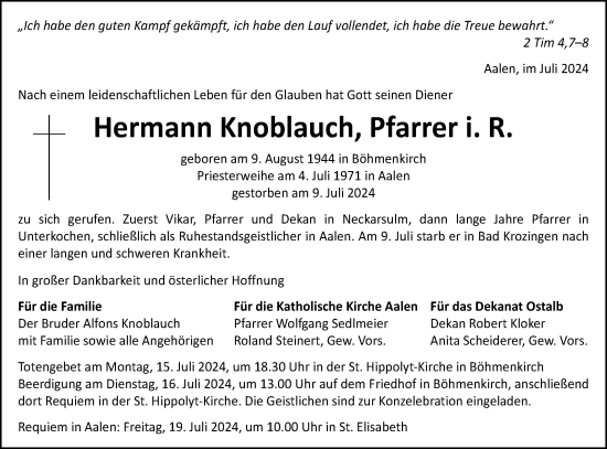 Traueranzeige von Hermann Knoblauch von Schwäbische Post