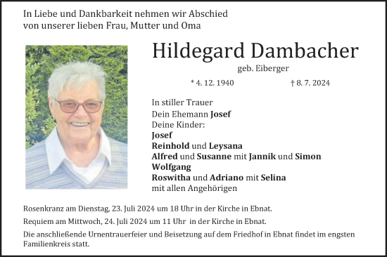 Traueranzeige von Hildegard Dambacher von Schwäbische Post