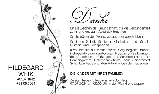 Traueranzeige von Hildegard Weik von Schwäbische Post