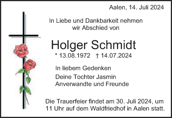 Traueranzeige von Holger Schmidt von Schwäbische Post