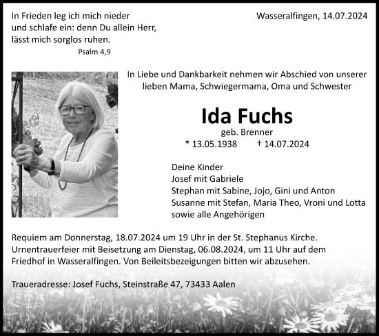 Traueranzeige von Ida Fuchs von Schwäbische Post