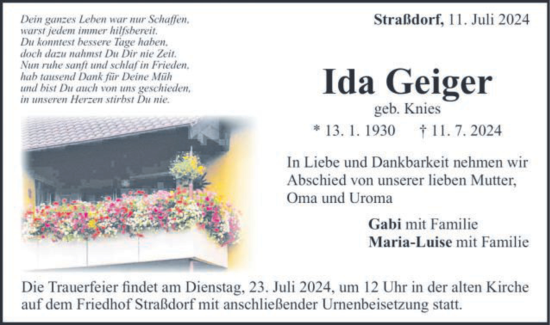 Traueranzeige von Ida Geiger von Gmünder Tagespost