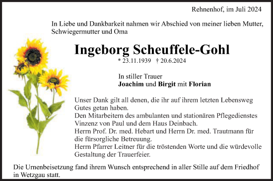 Traueranzeige von Ingeborg Scheuffele-Gohl von Gmünder Tagespost