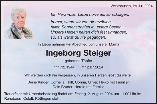 Traueranzeige von Ingeborg Steiger von Schwäbische Post