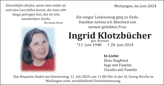 Traueranzeige von Ingrid Klotzbücher von Gmünder Tagespost