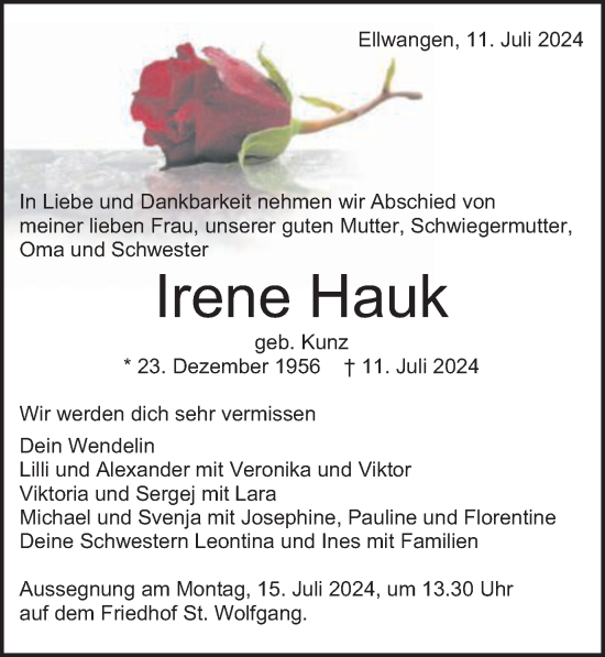 Traueranzeige von Irene Hauk von Schwäbische Post