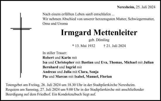 Traueranzeige von Irmgard Mettenleiter von Schwäbische Post