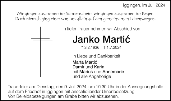 Traueranzeige von Janko Martic von Gmünder Tagespost