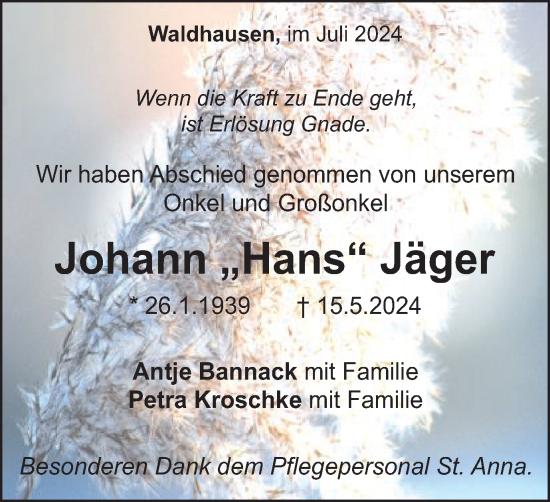 Traueranzeige von Johann Jäger von Gmünder Tagespost