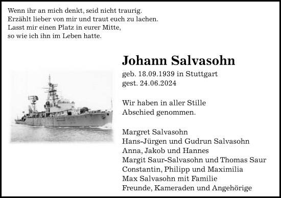 Traueranzeige von Johann Salvasohn von Schwäbische Post
