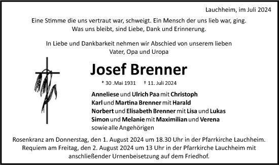 Traueranzeige von Josef Brenner von Schwäbische Post