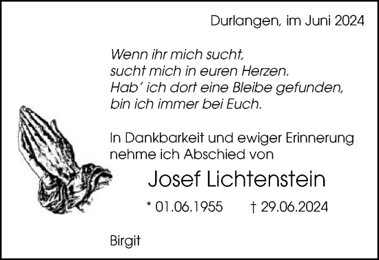Traueranzeige von Josef  Lichtenstein von Gmünder Tagespost