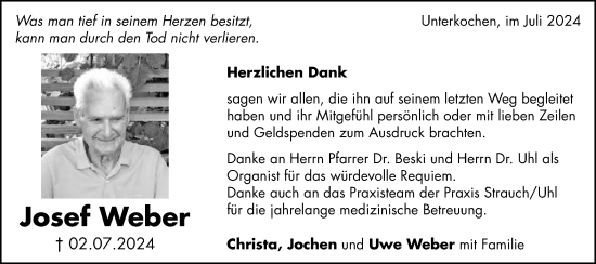 Traueranzeige von Josef Weber von Schwäbische Post