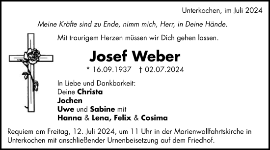 Traueranzeige von Josef Weber von Schwäbische Post