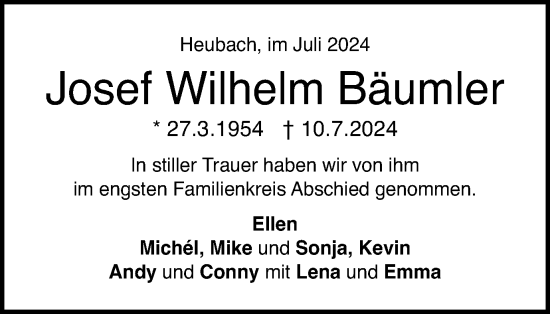 Traueranzeige von Josef Wilhelm Bäumler von Gmünder Tagespost