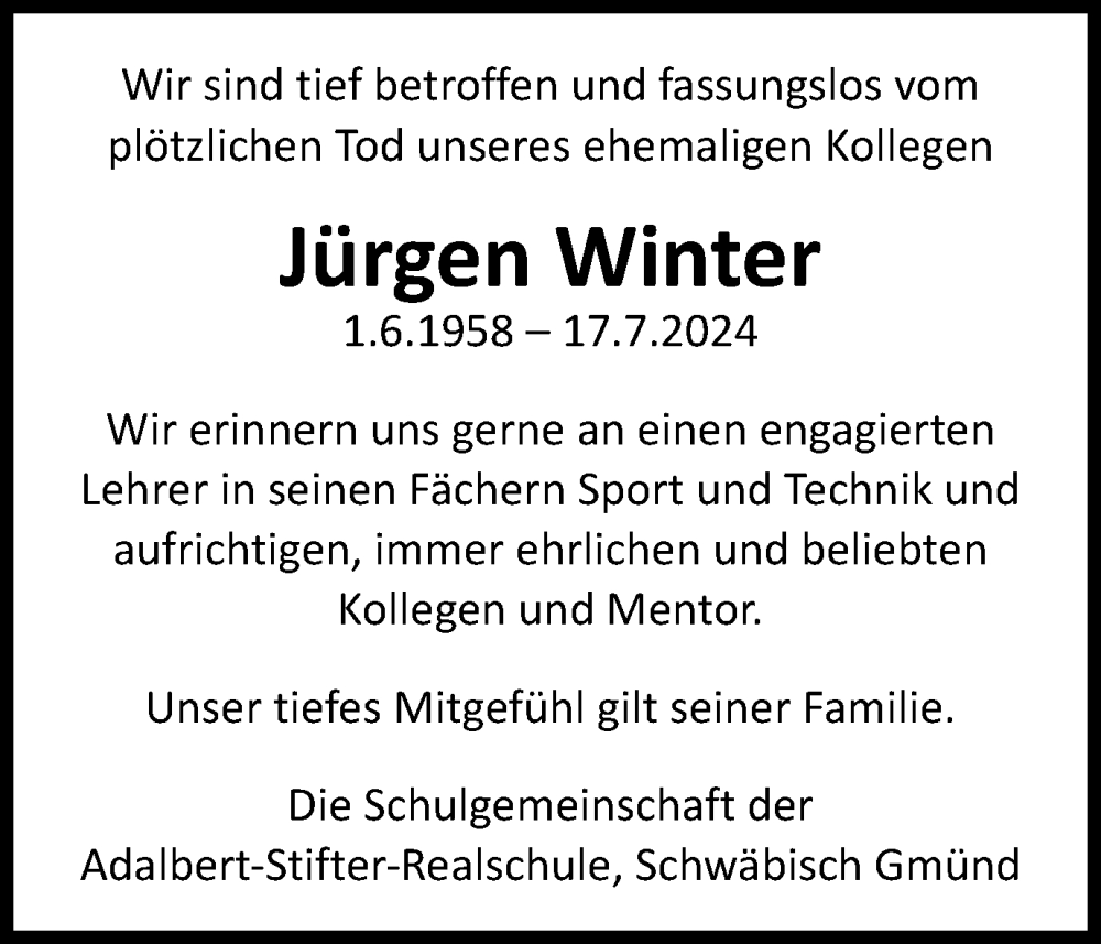  Traueranzeige für Jürgen Winter vom 20.07.2024 aus Gmünder Tagespost