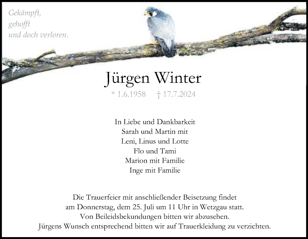  Traueranzeige für Jürgen Winter vom 20.07.2024 aus Gmünder Tagespost