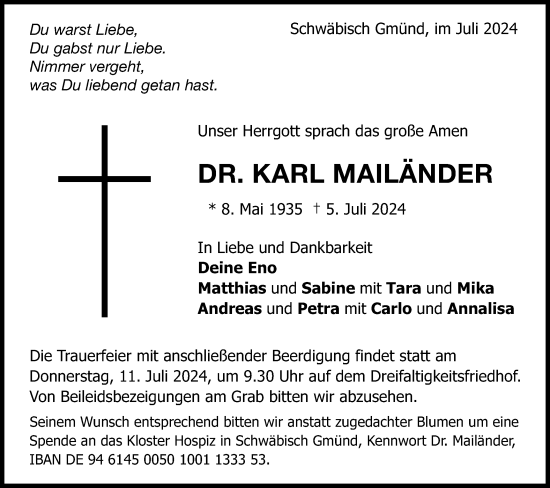 Traueranzeige von Karl Mailänder von Gmünder Tagespost