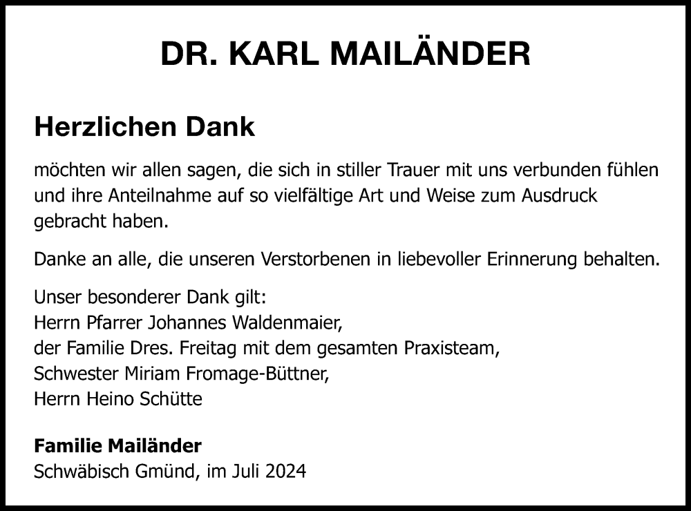  Traueranzeige für Karl Mailänder vom 27.07.2024 aus Gmünder Tagespost