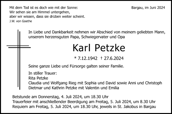 Traueranzeige von Karl Petzke von Gmünder Tagespost