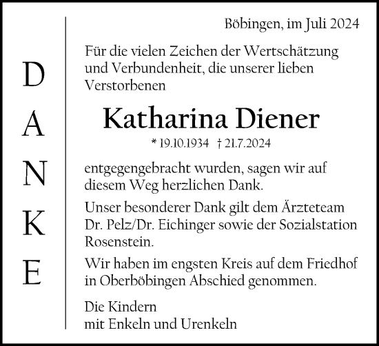 Traueranzeige von Katharina Diener von Gmünder Tagespost