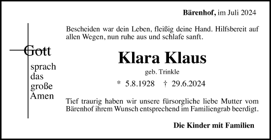 Traueranzeige von Klara Klaus von Gmünder Tagespost