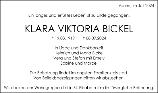Traueranzeige von Klara Viktoria Bickel von Schwäbische Post