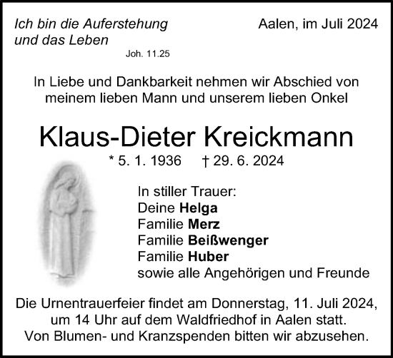 Traueranzeige von Klaus-Dieter Kreickmann von Schwäbische Post