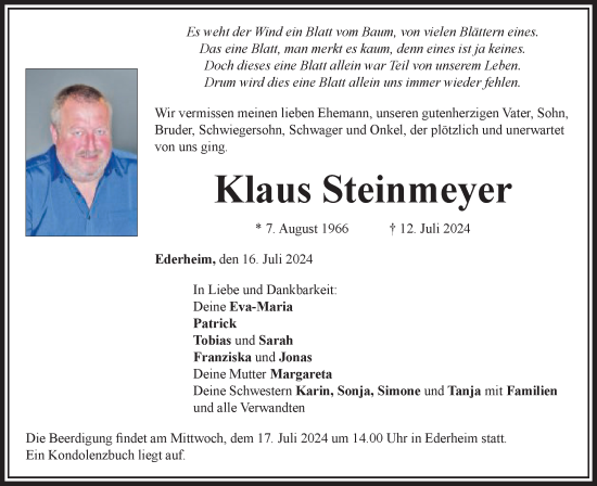 Traueranzeige von Klaus Steinmeyer von Schwäbische Post