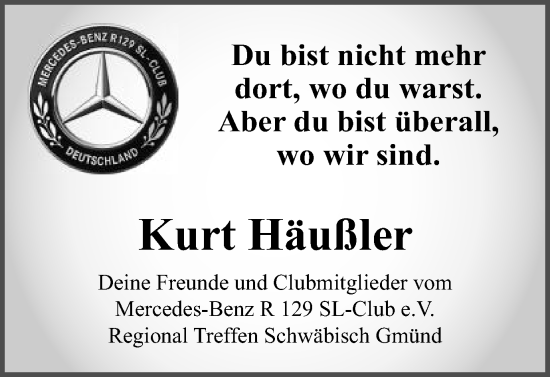 Traueranzeige von Kurt Häußler von Gmünder Tagespost