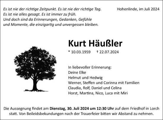 Traueranzeige von Kurt Häußler von Gmünder Tagespost