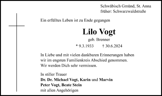 Traueranzeige von Lilo Vogt von Gmünder Tagespost