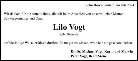 Traueranzeige von Lilo Vogt von Gmünder Tagespost