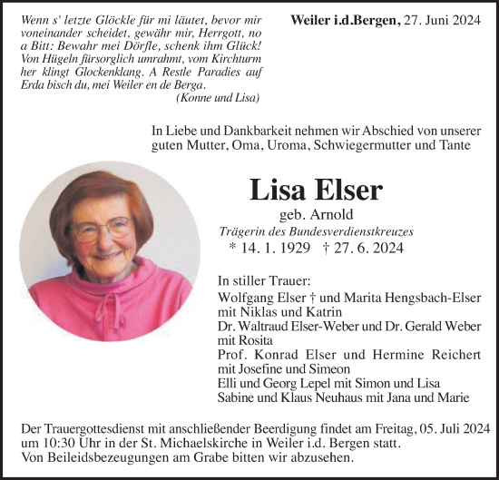 Traueranzeige von Lisa Elser von Gmünder Tagespost
