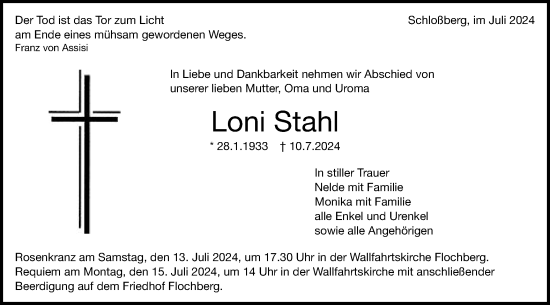 Traueranzeige von Loni Stahl von Schwäbische Post