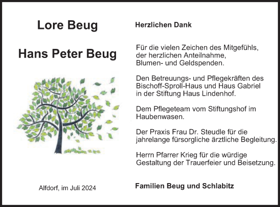 Traueranzeige von Lore und Hans Peter Beug von Gmünder Tagespost