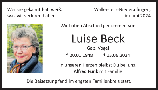 Traueranzeige von Luise Beck von Schwäbische Post