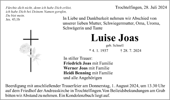 Traueranzeige von Luise Joas von Schwäbische Post