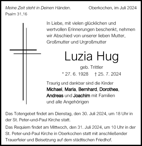 Traueranzeige von Luzia Hug von Schwäbische Post