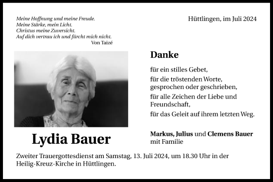 Traueranzeige von Lydia Bauer von Schwäbische Post