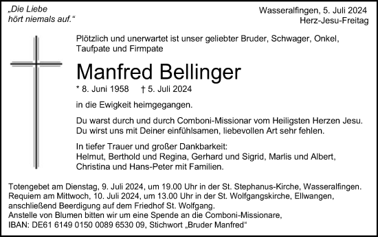 Traueranzeige von Manfred Bellinger von Schwäbische Post