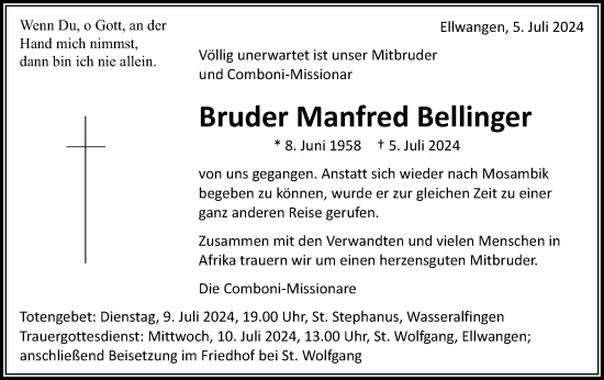 Traueranzeige von Manfred Bellinger von Schwäbische Post