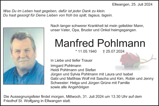 Traueranzeige von Manfred Pohlmann von Schwäbische Post