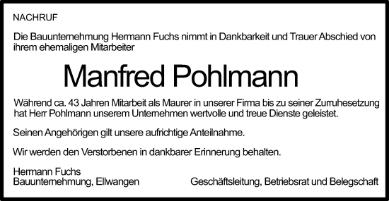Traueranzeige von Manfred Pohlmann von Schwäbische Post
